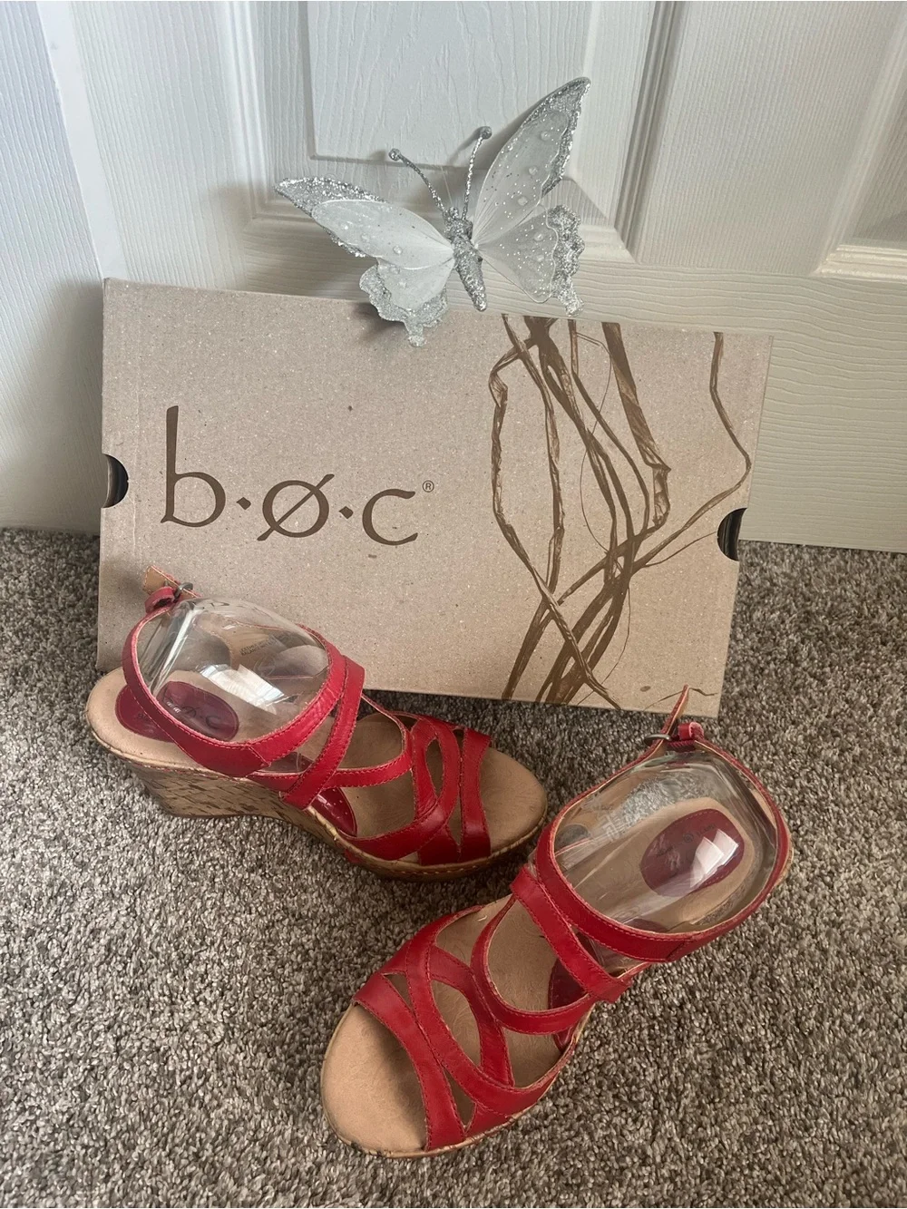 b.o.c. Red Strappy Cork Wedge Sandals